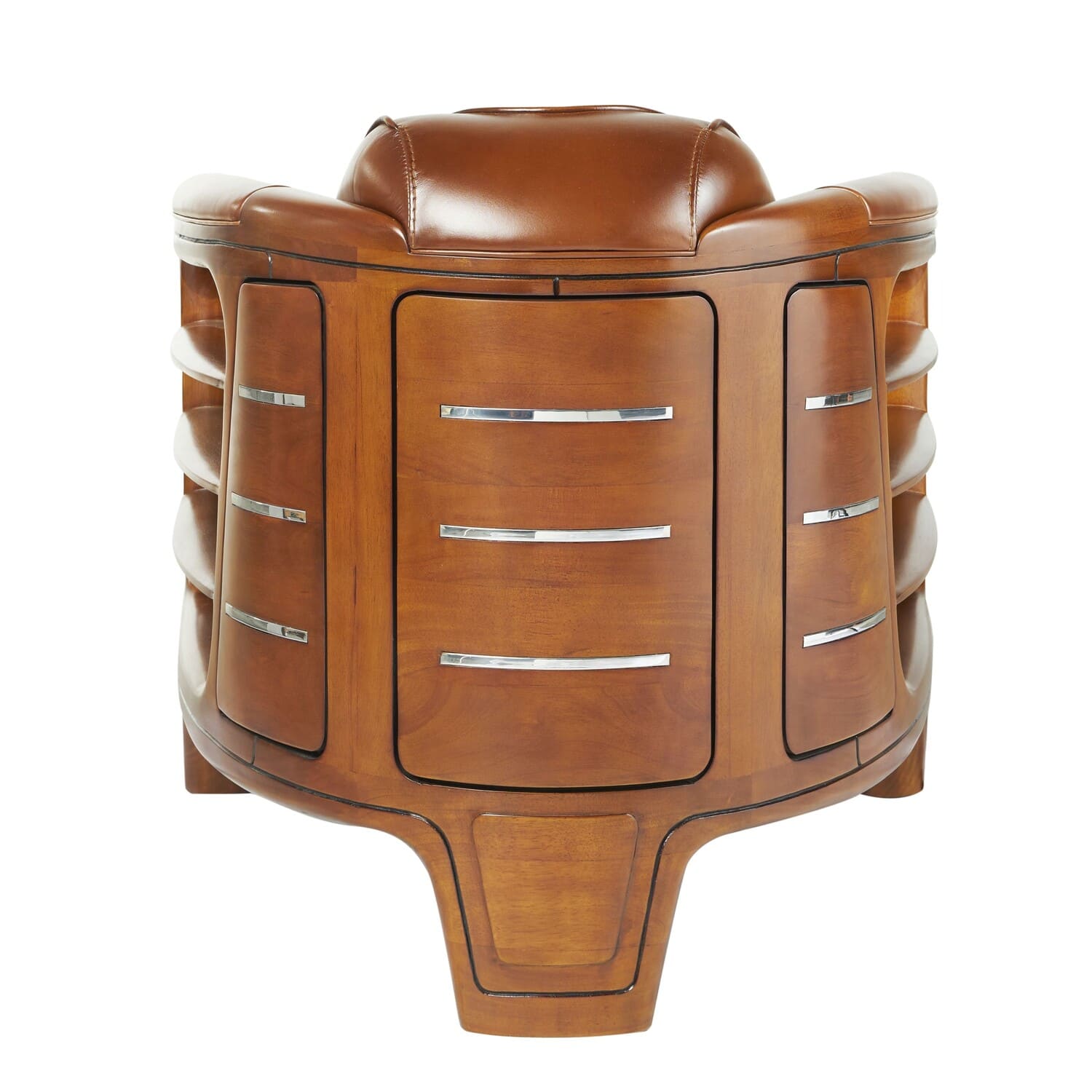 Fauteuil-Club-Riviera-Cuir-Vintage-Marron-majdeltier-5 Fauteuil Club Riviera cuir vintage marron vue arrière bois massif avec incrustations inox
