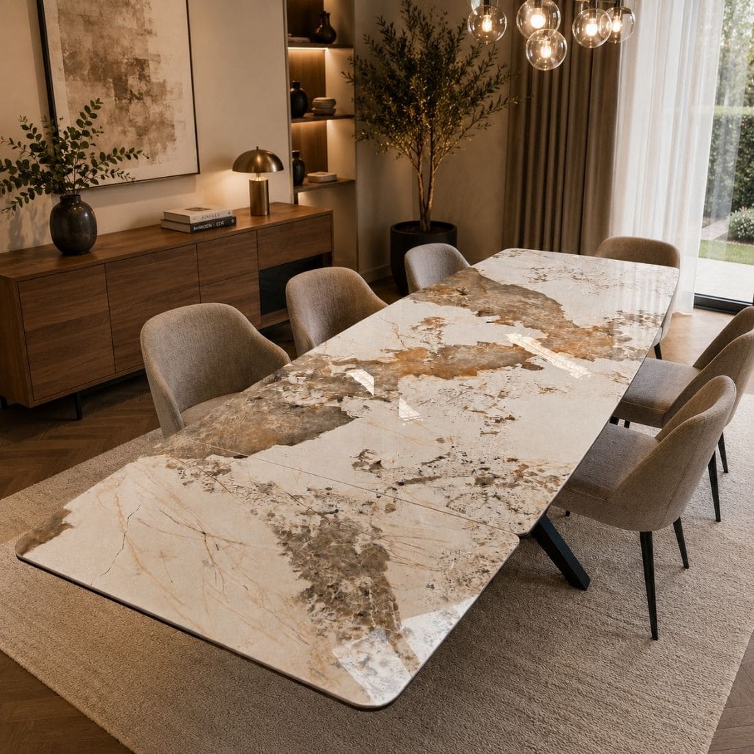 Table-Céramique-brillante-Extensible-Sirocco-Marbre-Utopia-ambiance-salle-a-manger Table Céramique Extensible Sirocco Marbre Utopia image dans une salle a manger chic et élégante