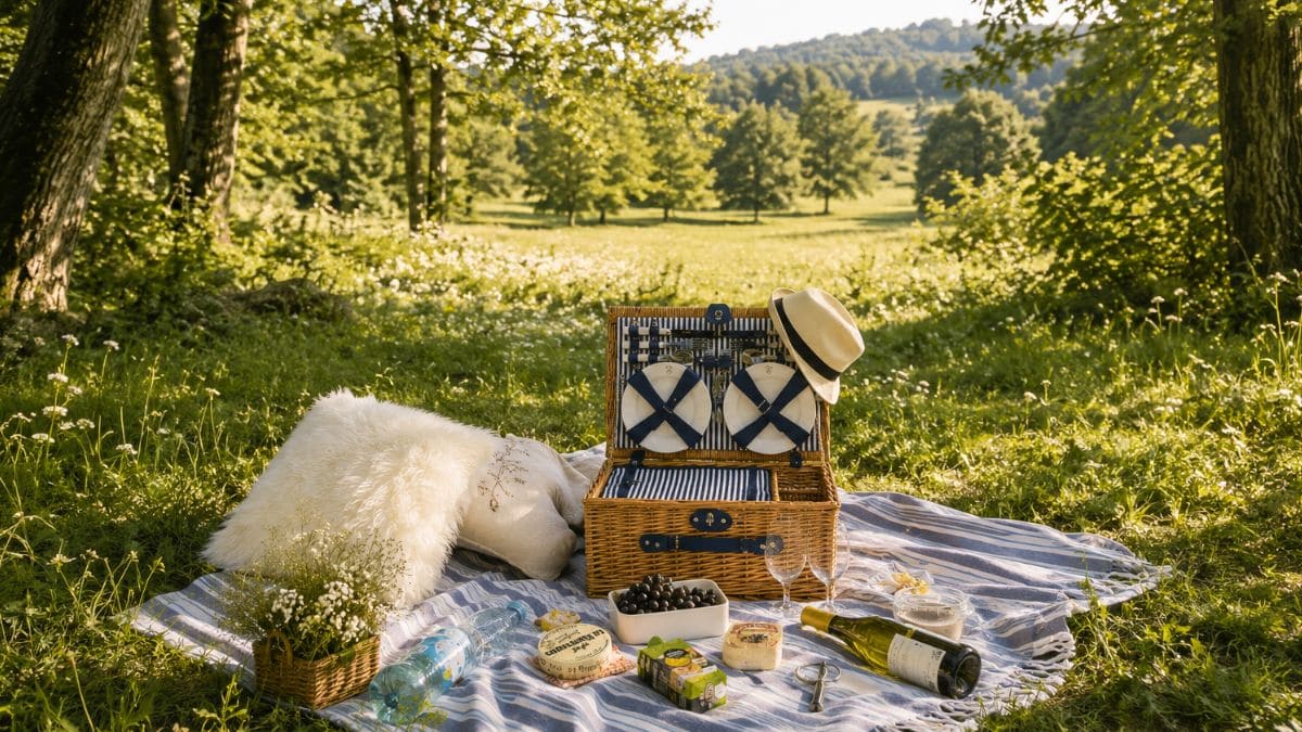 Pique-nique à la française dans une prairie avec panier en osier et nappe élégante