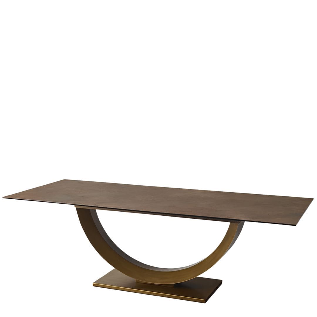 table-ceramique-rectangulaire-pearl-bronze-design-01 Table En Céramique Rectangulaire Pearl : élégance contemporaine et design sculptural- Table en céramique rectangulaire Pearl finition bronze avec piétement demi-lune