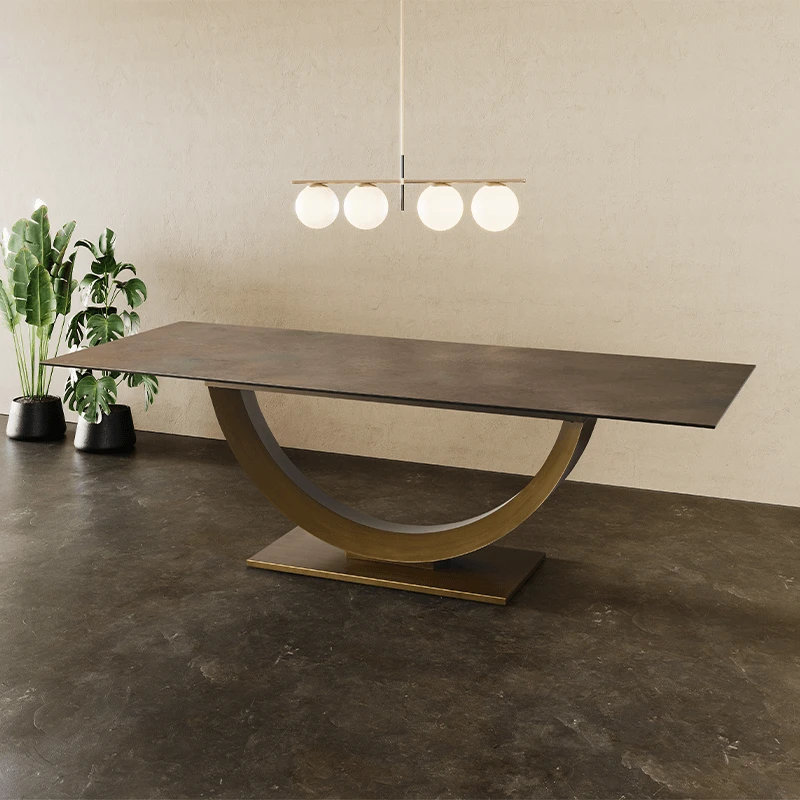table-ceramique-rectangulaire-pearl-bronze-design-3 Table en céramique rectangulaire Pearl finition bronze avec piétement demi-lune