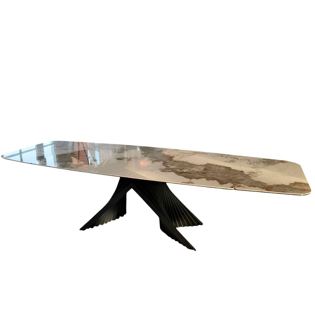 table-extensible-ceramique-angel-effet-marbre-utopia-lievens-3 Table Extensible Céramique Angel Marbre Utopia brillante avec piètement anthracite sculptural dans salle à manger design