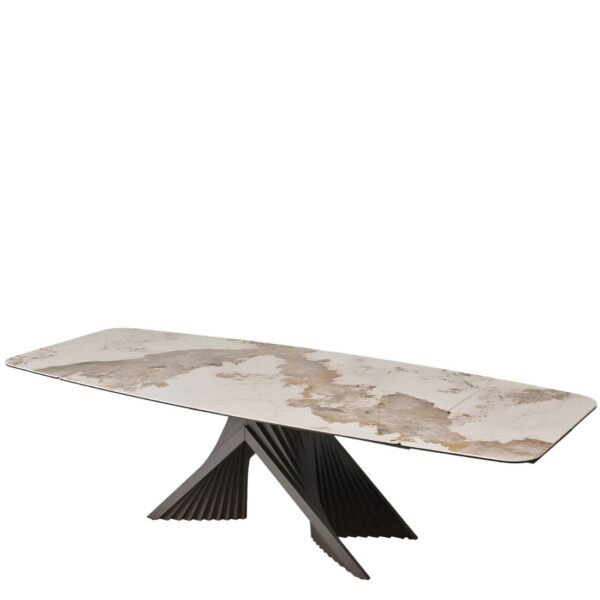 Table Extensible Céramique Angel Marbre Utopia brillante avec piètement anthracite sculptural dans salle à manger design