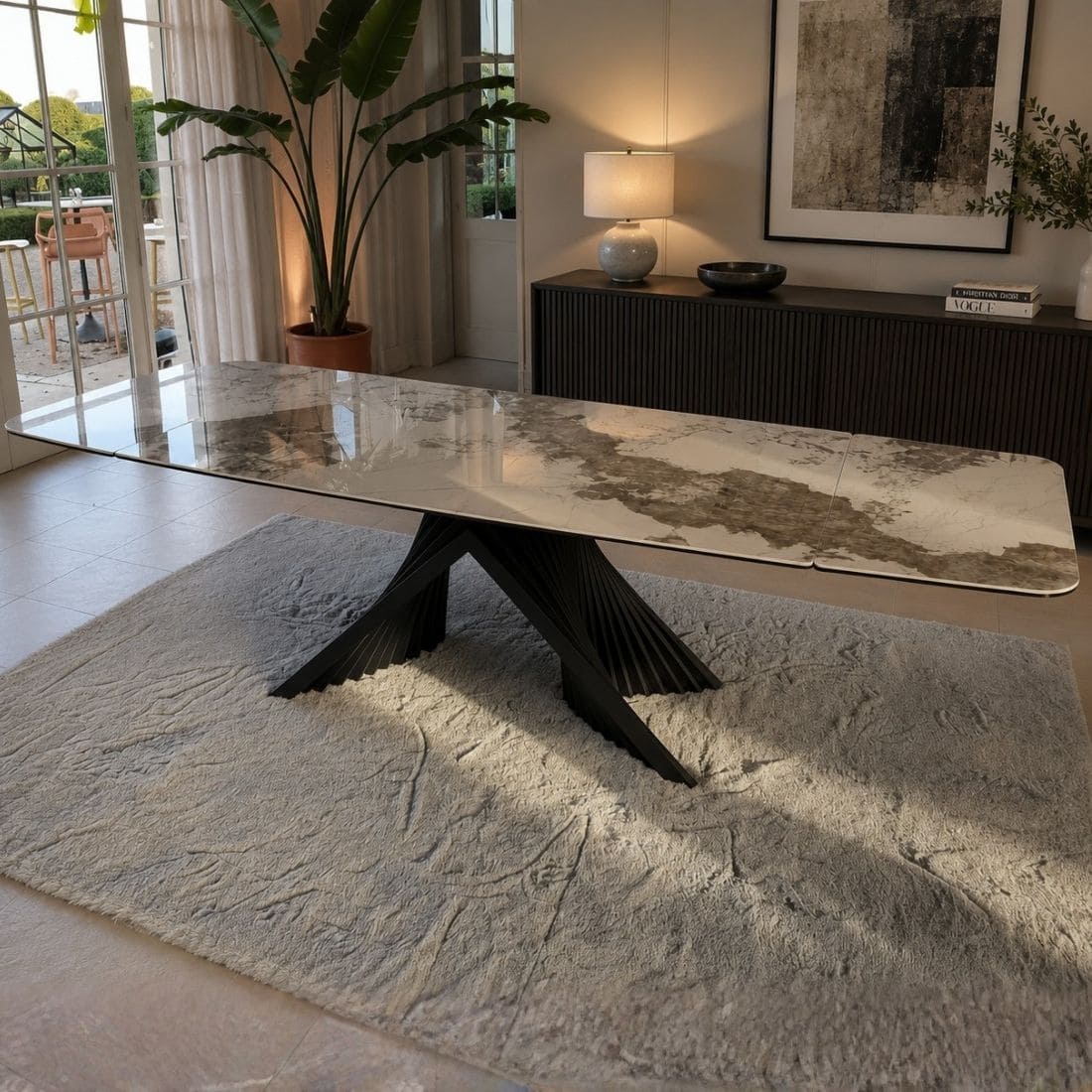 table-extensible-ceramique-angel-effet-marbre-utopia-lievens-salle a manger-repas Table Extensible Céramique Angel Marbre Utopia brillante avec piètement anthracite sculptural dans salle à manger design, totalement dépliée 280cm