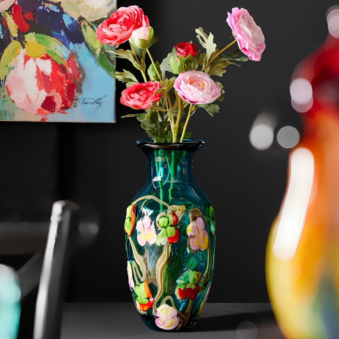 Vase Allegra en verre turquoise Art Nouveau fait main
