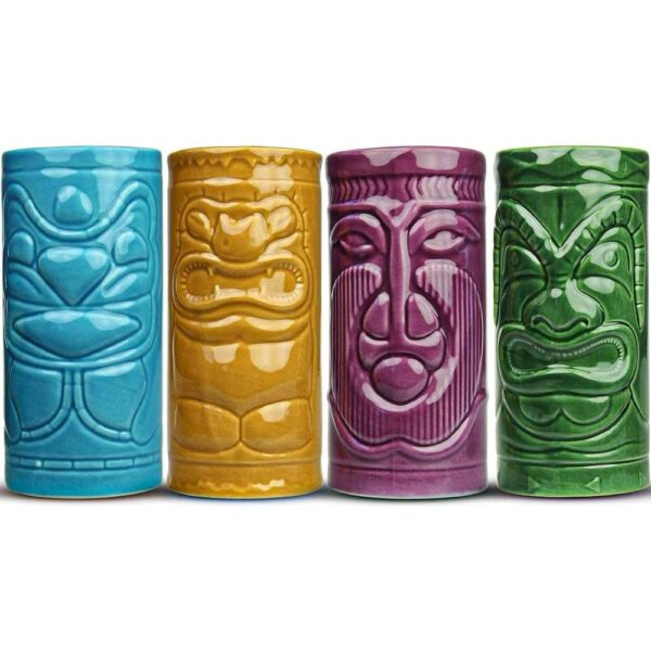 Lot de 4 verres Tiki en céramique colorée pour cocktails tropicaux, Tiki Bar et soirées estivales