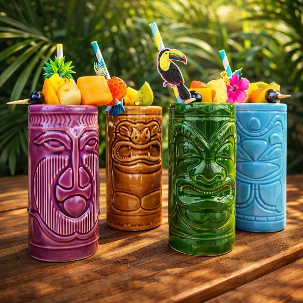 Lot-de-4-Verres-Tiki-colorés-en-Céramique - Cocktails-Tiki Bar-majdeltier-7 (1) Verres Tiki en céramique vert, bleu, jaune et violet avec motifs sculptés pour cocktails exotiques