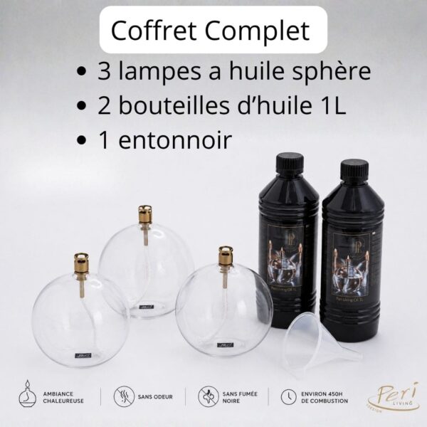 Coffret complet 3 lampes à huile sphère Peri Living, 2 bouteilles d'huile de paraffine et un entonnoir