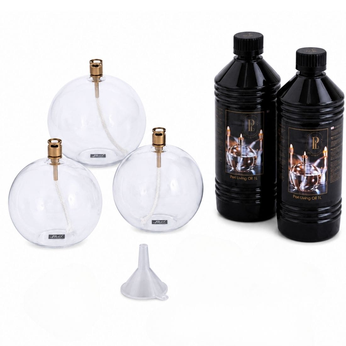 contenu-coffret-complet-lampes-a-huile-sphere 3 lampes à huile sphère Peri Living tailles S M L avec 2 bouteilles d'huile de paraffine et un entonnoir