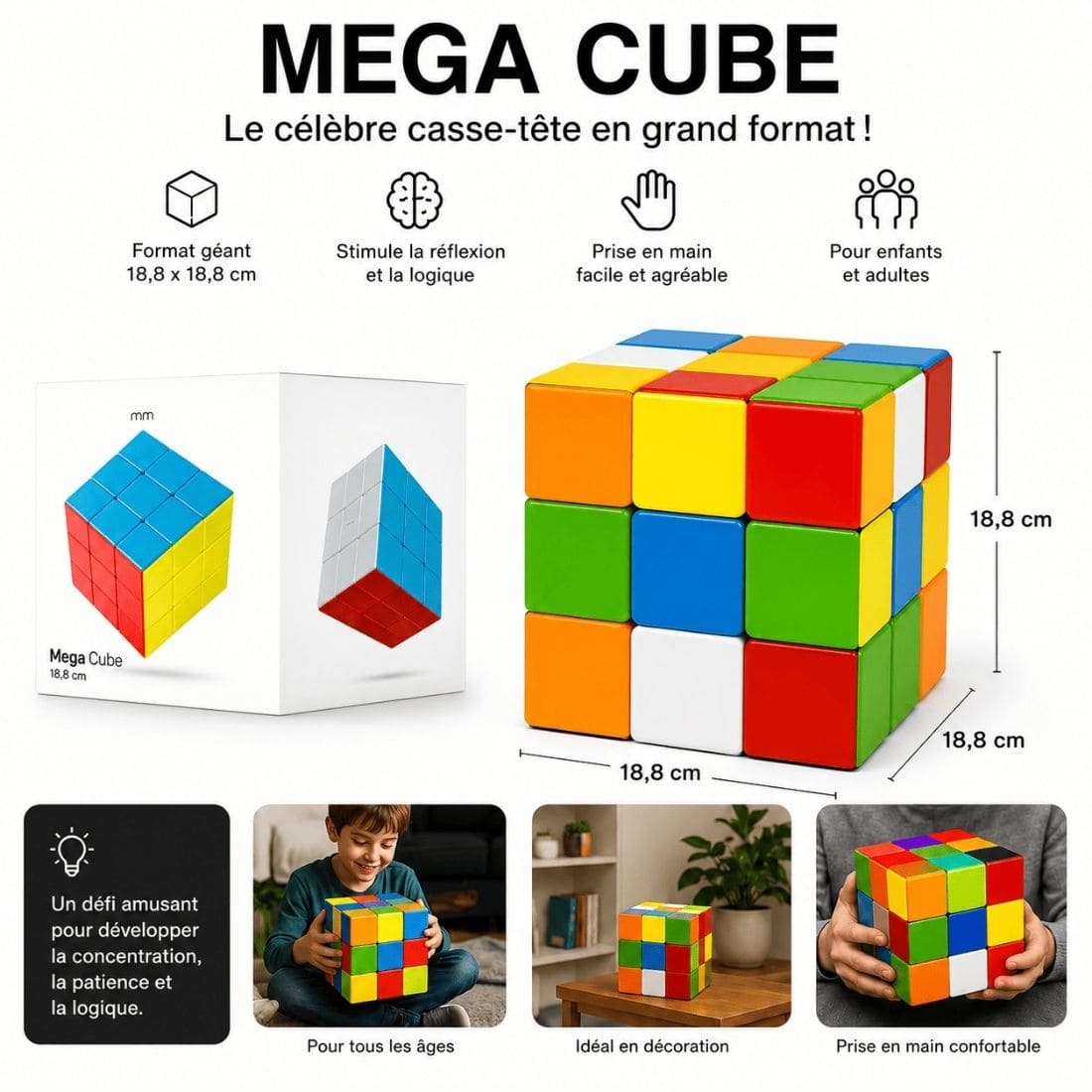 Enfant jouant avec un Mega Cube géant 3x3 de 18,8 cm
