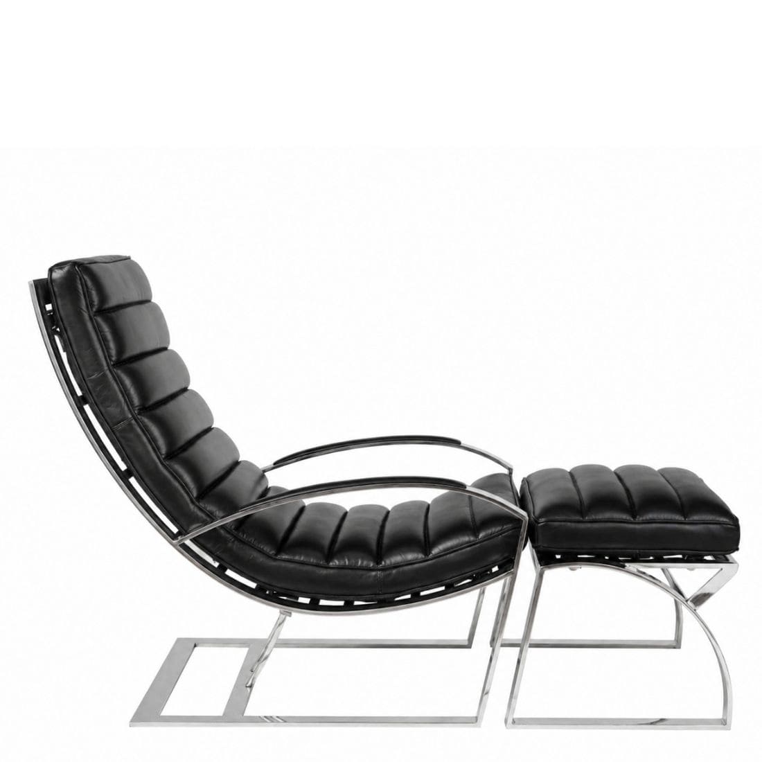 fauteuil-biarritz-cuir-noir-et-ottoman-cuir-plaine-fleur-design-majdeltier-1 Fauteuil Biarritz noir en cuir pleine fleur accompagné de son ottoman assorti.