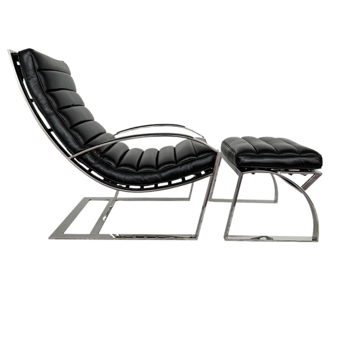 fauteuil-biarritz-cuir-noir-et-ottoman-cuir-plaine-fleur-design-majdeltier-2 Fauteuil Biarritz cuir noir avec repose-pieds ottoman et structure en inox poli miroir.