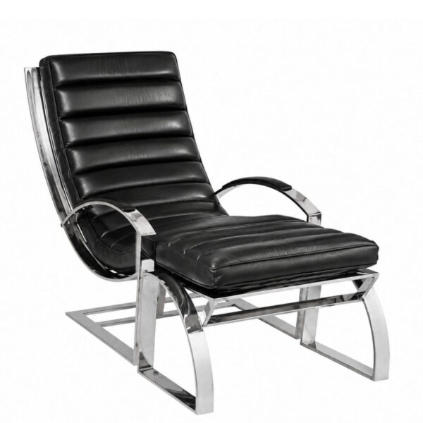 Fauteuil Biarritz cuir noir et ottoman pleine fleur avec ottoman, structure en inox poli miroir et design contemporain intemporel.