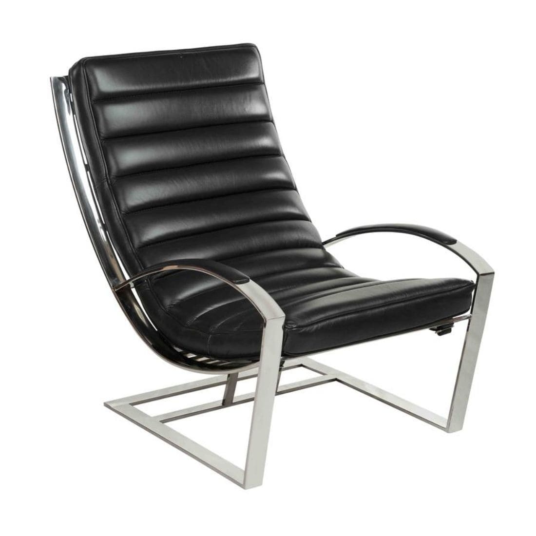fauteuil biarritz-cuir-noir-pleine-fleur-design-chrome Fauteuil Biarritz cuir noir et ottoman, fauteuil design haut de gamme en inox poli miroir.
