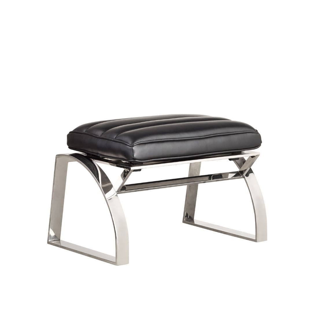 ottoman-cuir-noir-chrome ottoman, assise confortable en cuir pleine fleur et piètement inox.