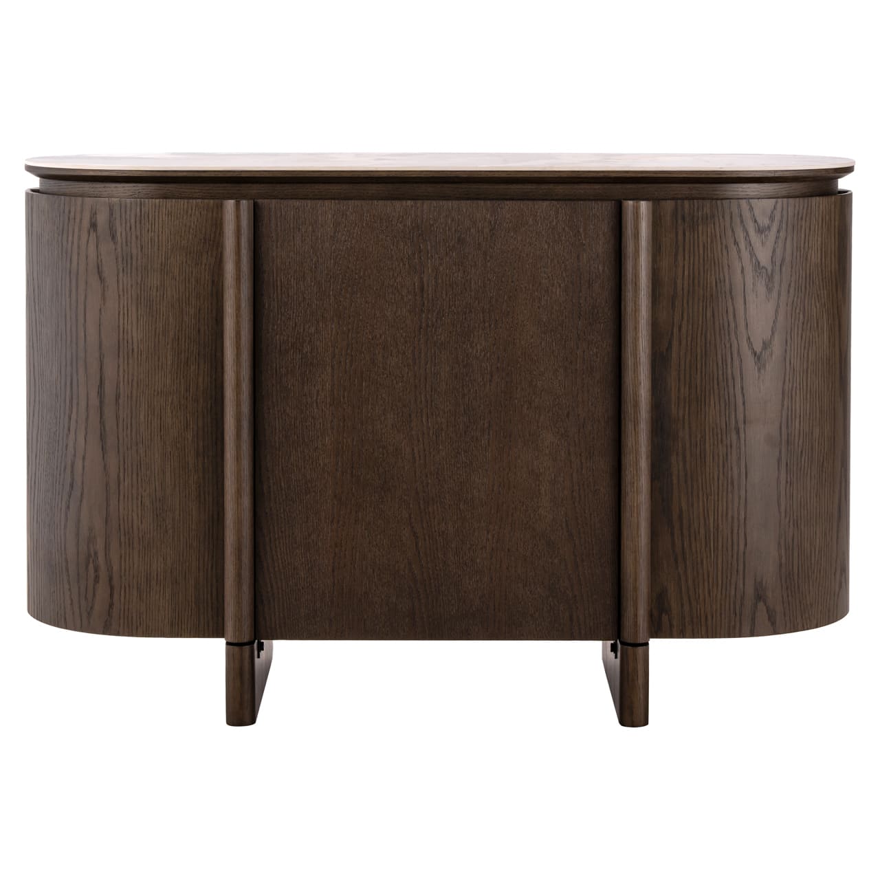 Buffet-Arrondi-Langford-Céramique- 3-portes-chene-foncé-richmond-majdeltier-2 buffet arrondi bois foncé plateau clair langford, vue de face