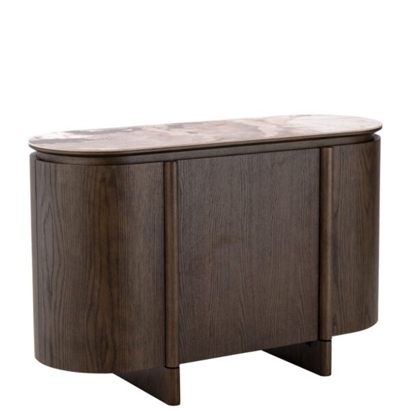 buffet arrondi bois foncé langford avec plateau ceramique, vue trois quarts