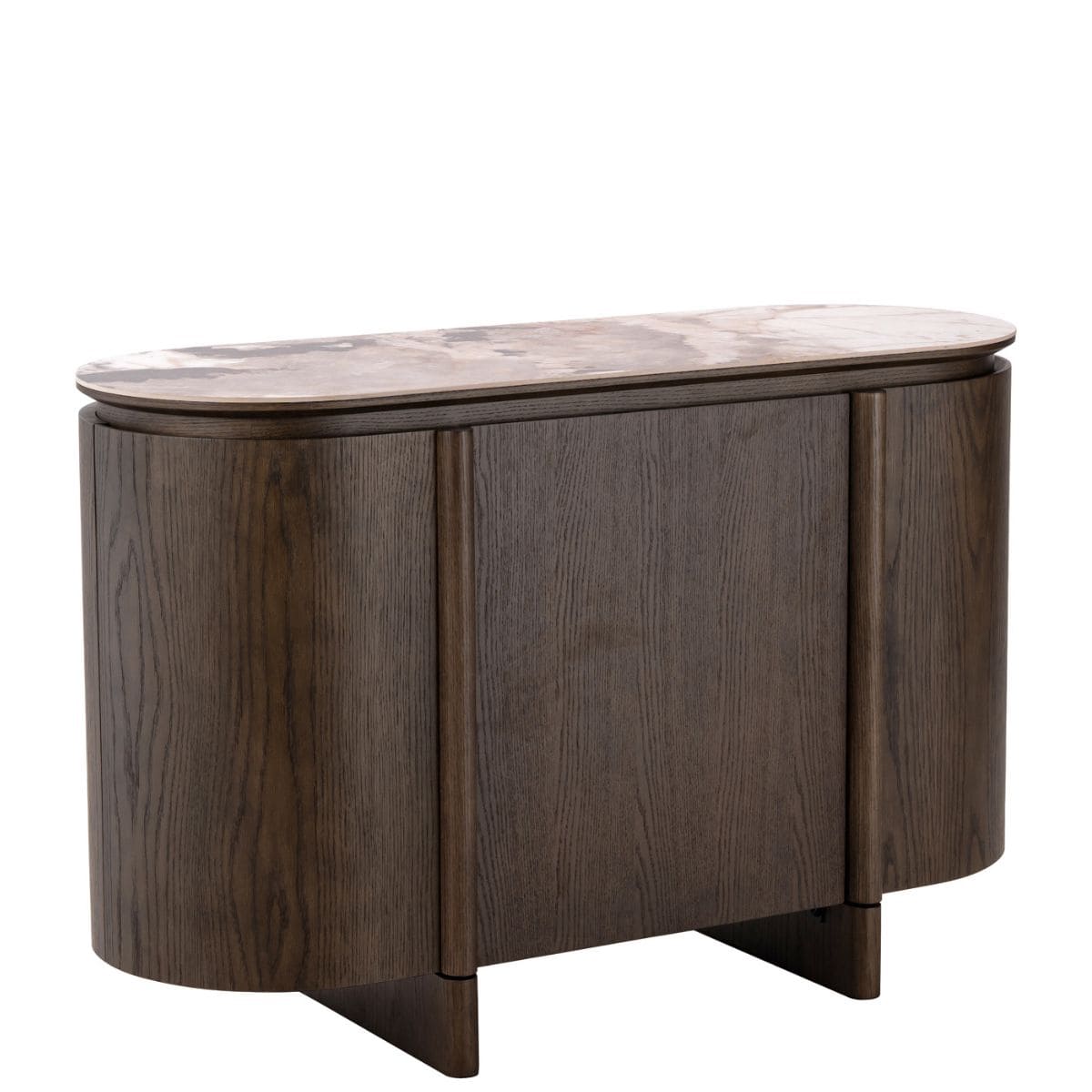 Buffet-Arrondi-Langford-Céramique- 3-portes-chene-foncé-richmond-majdeltier-9 buffet arrondi bois foncé langford avec plateau ceramique, vue trois quarts