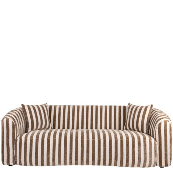 Canapé Luxandra rayé beige marron vue de face, lignes arrondies