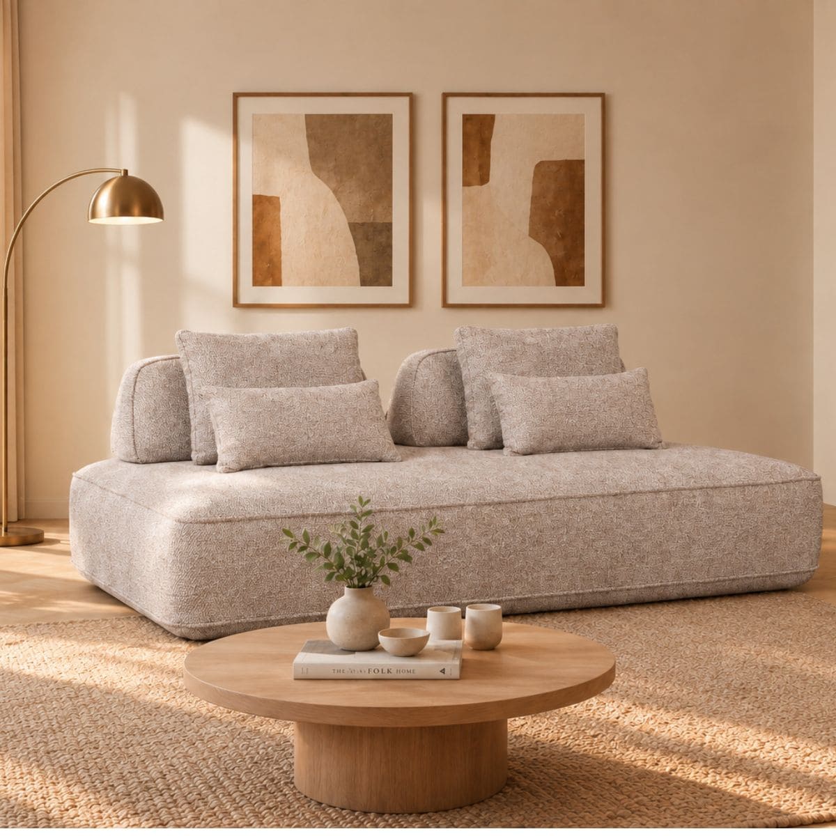 Canapé Tudor modulable dans un salon lumineux, tissu mocca