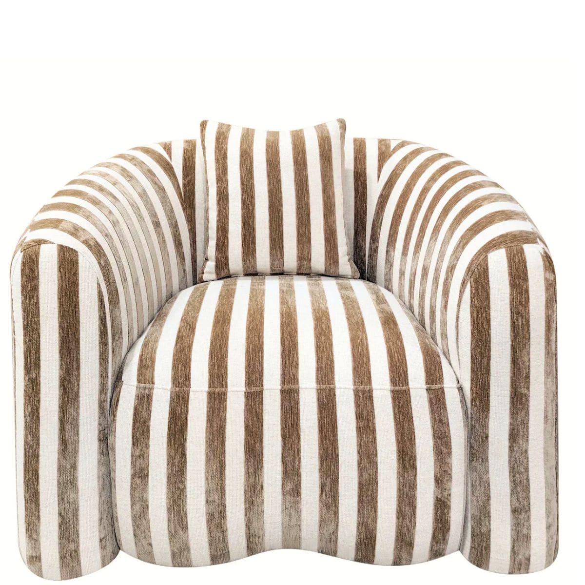 Fauteuil-Luxandra-Tissu-Rayures-Beige-&-Marron-arrondi-majdeltier-3 (2) Fauteuil Luxandra rayé beige marron vue de face, salon contemporain